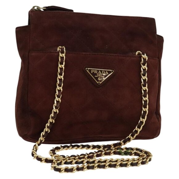PRADA Chain Shoulder Bag Suede Brown Gold Auth - Picture 2 of 16